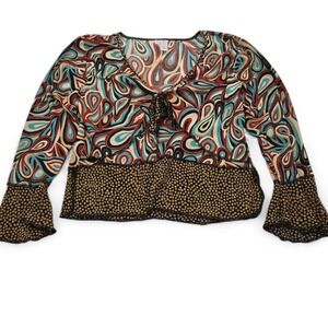 Hand Jive Womens Large Paisley Bell Sleeve Boho Blouse Multicolor Retro Festival